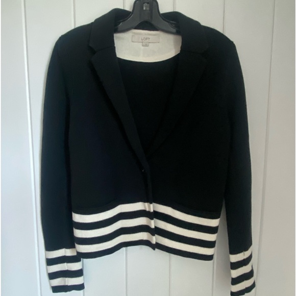 Ann Taylor LOFT L Large Top sweater Jacket Black white stripe dressy career - Picture 1 of 16